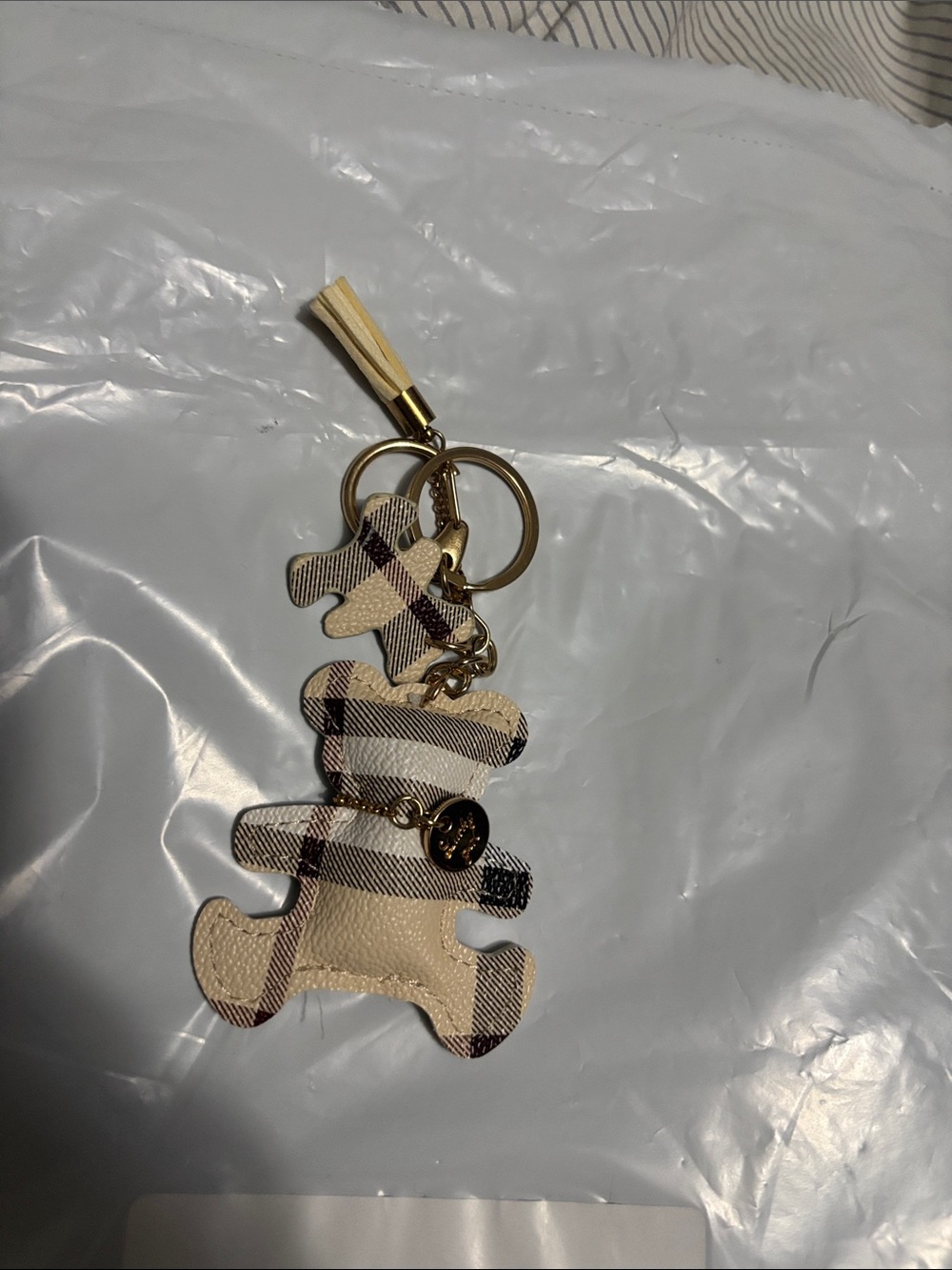 Plaid Bear Keychain Charm - Beige Plaid